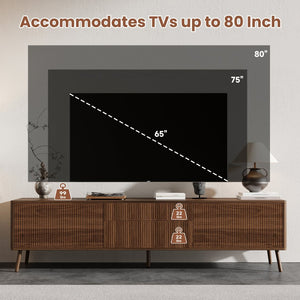 English Elm 70 Inch Fluted Entertainment Center Walnut Finish Solid Wood Legs Soft Close Storage N710P372539P