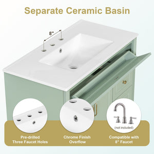 English Elm 36" Forest Green Rubberwood Bathroom Vanity with Ceramic Sink and Golden Hardware N725P356069F