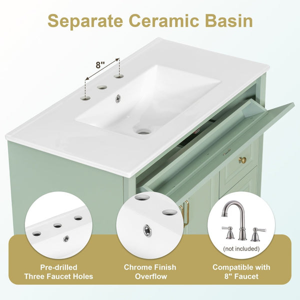 English Elm 36" Forest Green Rubberwood Bathroom Vanity with Ceramic Sink and Golden Hardware N725P356069F