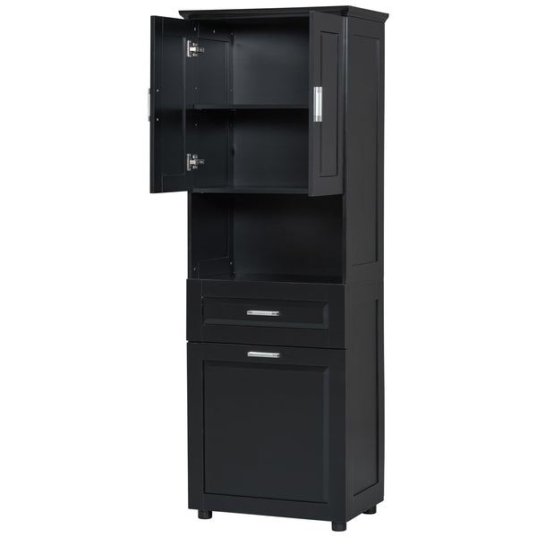 English Elm Tall Bathroom Cabinet with Tilt-Out Laundry Hamper, Adjustable Shelves, Anti-Tip Design & Large Storage Black WF323481AAB