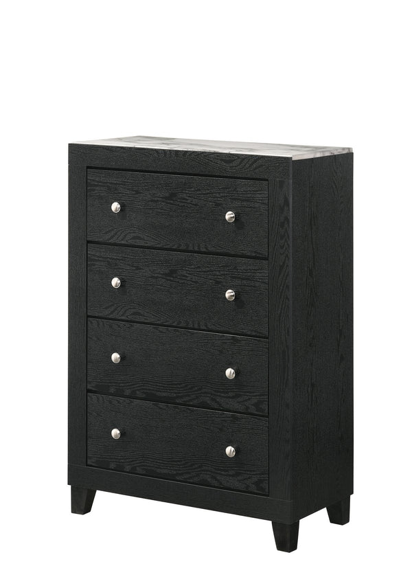 English Elm 1pc Contemporary Tall Chest with Faux Marble Top and Four Drawers for Elegant Bedroom Storage Black,White 33.94 L x 18.94 W x 46.93 H B2741P330111