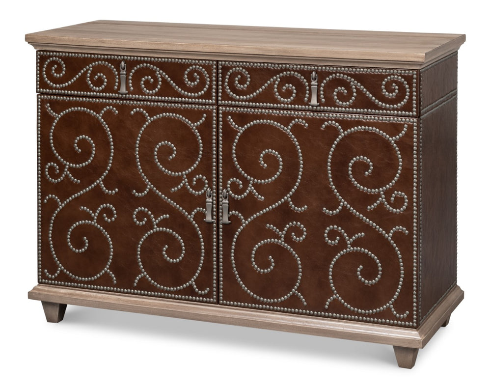 Sarreid Theodore Antique Silver Nailhead Door Chest In Barn Grey Wood And Leather – Rustic Elegance For Home Brown  53900