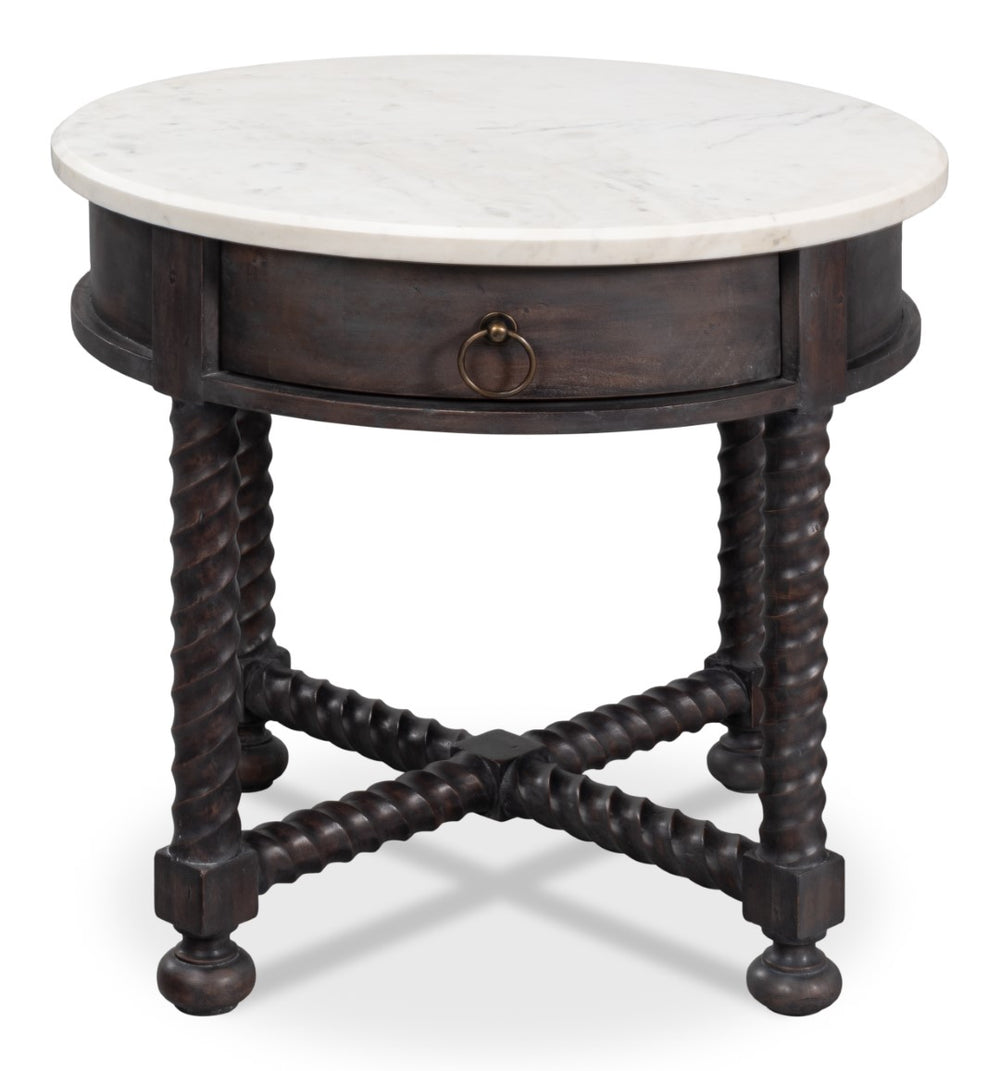 Sarreid Barley Side Table - Stunning Acacia Wood Base With Elegant White Banswara Marble Top For Style Brown  53903