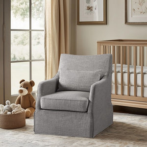 English Elm Skirted Martha Stewart Bedford Swivel Chair in Gray Polyester — 360° Comfort, 7" Foam Cushion, No Assembly B035P148424