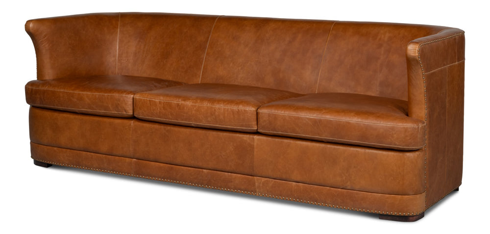 Sarreid Mcmillan Distilled Leather Sofa - Luxurious Cuba Brown With Antique Brass Nail Heads For Elegance Brown  53907