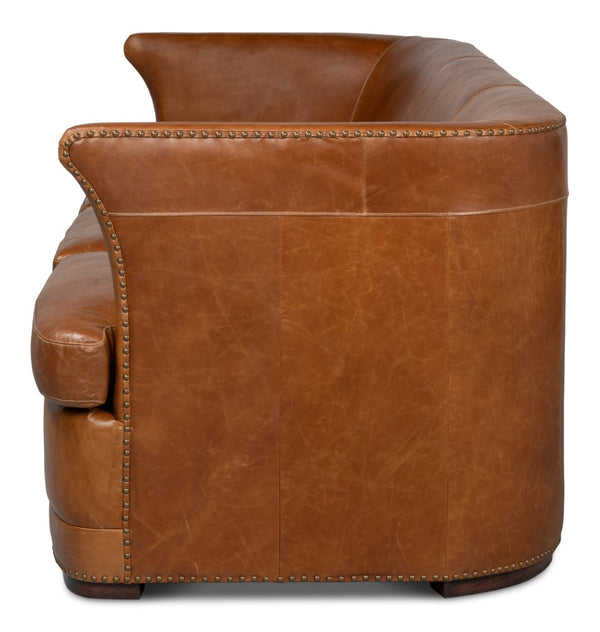 Sarreid Mcmillan Distilled Leather Sofa - Luxurious Cuba Brown With Antique Brass Nail Heads For Elegance Brown  53907