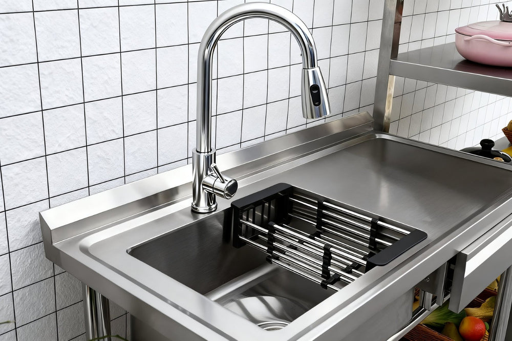 English Elm Stainless Steel Freestanding Utility Sink with Pull Out Faucet and Open Storage Shelf W3167P356273