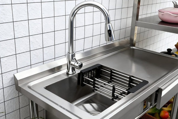 English Elm Stainless Steel Freestanding Utility Sink with Pull Out Faucet and Open Storage Shelf W3167P356273