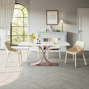 English Elm Carbon Steel Dining Table with Stone Top and Matte Black Frame for Modern Rooms W1002S00004