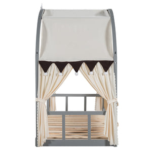 English Elm Twin Pinewood Ground-Level Canopy Bed with Arched Roof and Trundle for Kids—Whimsical, Sturdy Design Gray N820P181648E