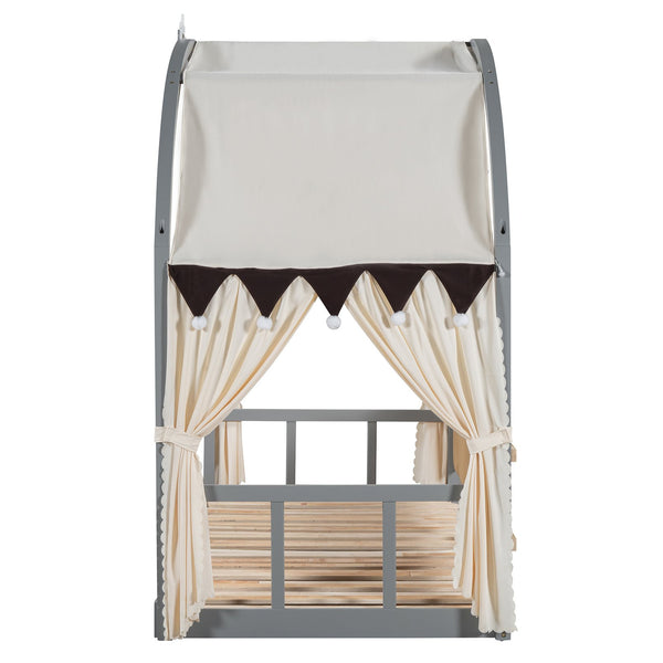 English Elm Twin Pinewood Ground-Level Canopy Bed with Arched Roof and Trundle for Kids—Whimsical, Sturdy Design Gray N820P181648E