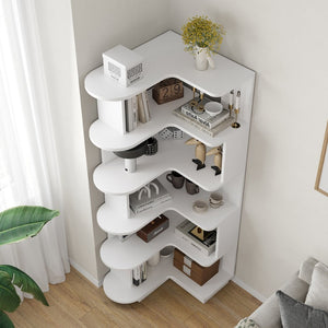 English Elm 5-tier Corner Bookcase L-shaped Freestanding Open Shelf Display for Home Office White T3623P436784