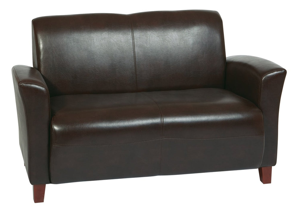 OSP Home Furnishings Mocha Bonded Leather Loveseat with Cherry Tapered Legs for Modern Living Spaces SL2272EC9