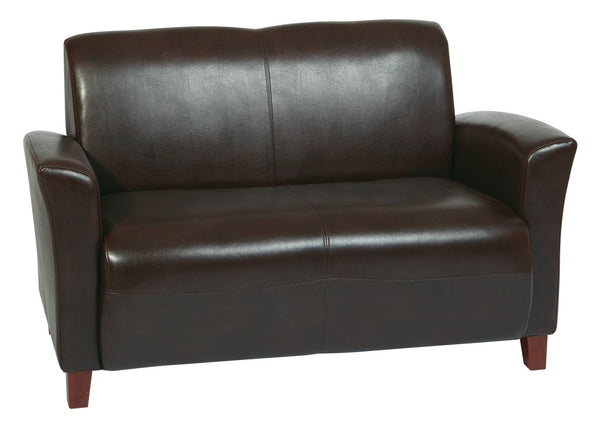 OSP Home Furnishings Mocha Bonded Leather Loveseat with Cherry Tapered Legs for Modern Living Spaces SL2272EC9