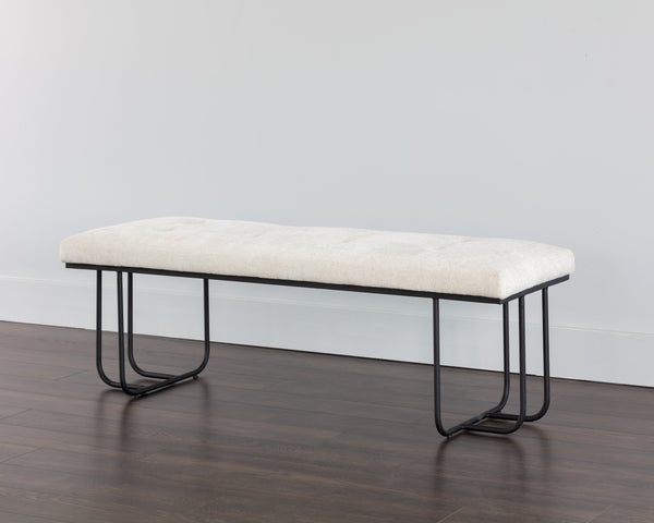 Sunpan Maverick Bench - Stylish Tufted Seat with Antique Brass Legs for Elegant Living Room Seating Eclipse White