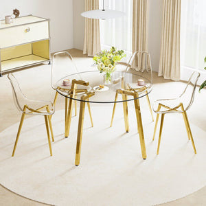 English Elm Table Modern 5-Piece Set: Circular Tempered Glass Dining Table With 4 Transparent Chairs & Gold Legs W1151S02864-GIGA