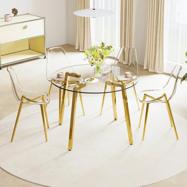 English Elm Table Modern 5-Piece Set: Circular Tempered Glass Dining Table With 4 Transparent Chairs & Gold Legs W1151S02864-GIGA