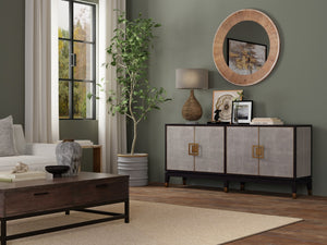 Sarreid Beto Four Door Sideboard - Elegant Tawny Brown Leather With Iron Accents & Brass Details For Style Tan  53941