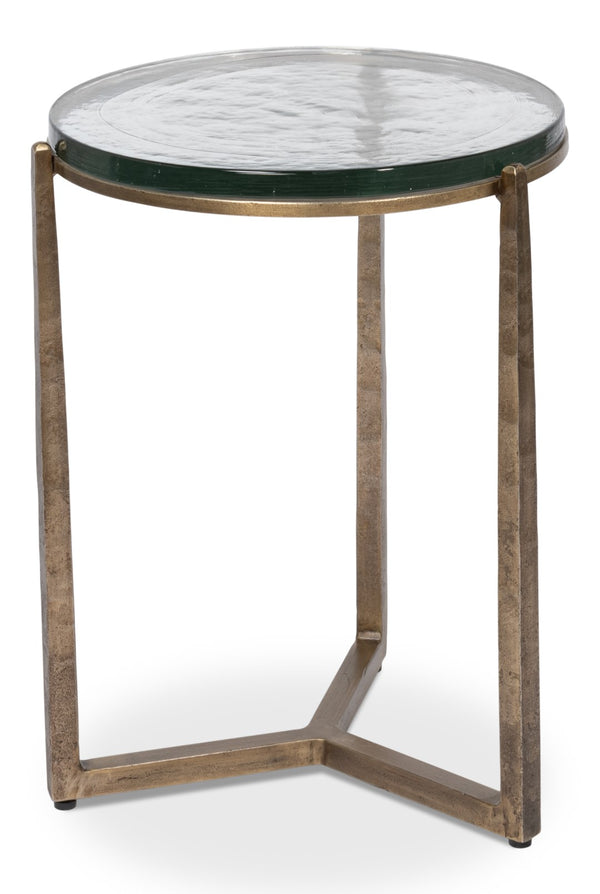 Sarreid Dorsey Round Side Table - Elegant Cast Glass Top & Forged Iron Base With Aged Brass Accent Finish Bronze  53948