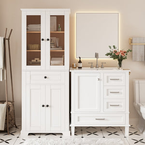 English Elm 67.57" Tall Matte Cabinet Vanity Combo with Glass Doors Soft-close Drawers Sink White N729P000033K