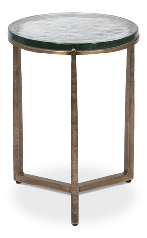 Sarreid Dorsey Round Side Table - Elegant Cast Glass Top & Forged Iron Base With Aged Brass Accent Finish Bronze  53948
