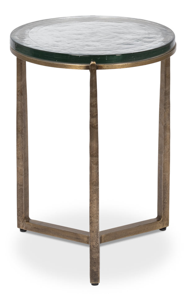 Sarreid Dorsey Round Side Table - Elegant Cast Glass Top & Forged Iron Base With Aged Brass Accent Finish Bronze  53948