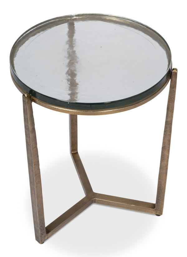 Sarreid Dorsey Round Side Table - Elegant Cast Glass Top & Forged Iron Base With Aged Brass Accent Finish Bronze  53948