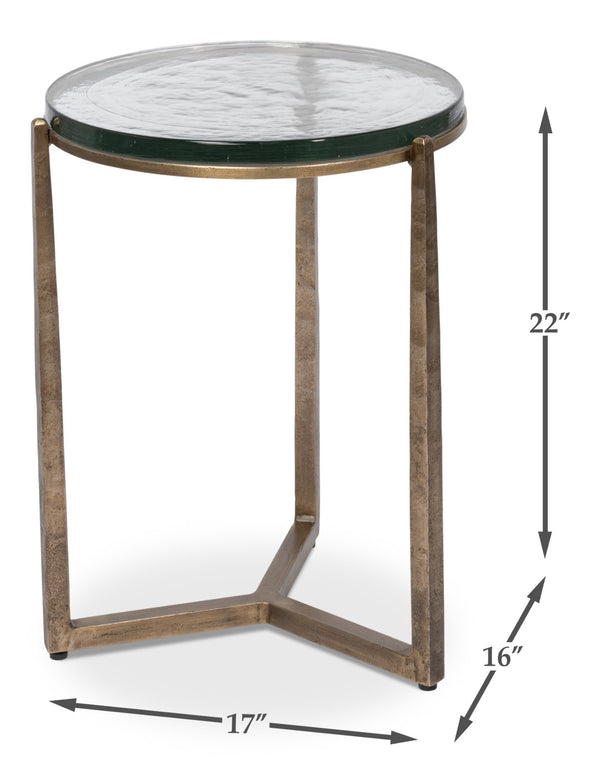 Sarreid Dorsey Round Side Table - Elegant Cast Glass Top & Forged Iron Base With Aged Brass Accent Finish Bronze  53948