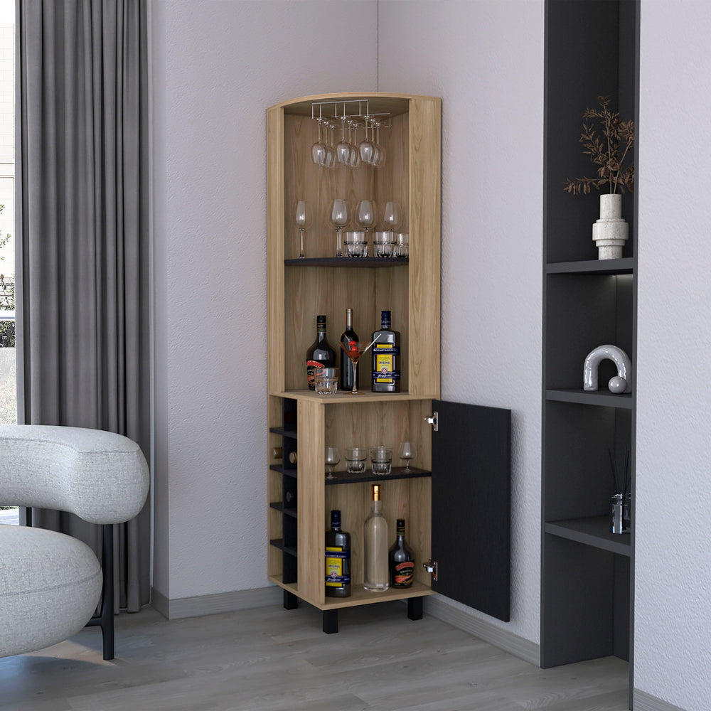 English Elm Ash Corner Bar Cabinet - 1-Door Corner Wine & Spirits Storage Cabinet with Glass Racks, Melamine Finish, Space-Savong Host Station B062S00560