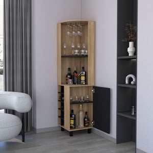 English Elm Ash Corner Bar Cabinet - 1-Door Corner Wine & Spirits Storage Cabinet with Glass Racks, Melamine Finish, Space-Savong Host Station B062S00560