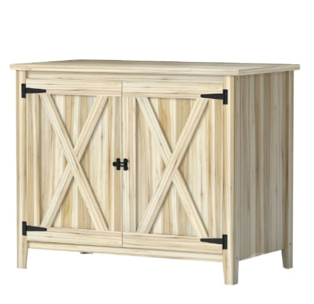 English Elm Wooden Fir Outdoor Storage Cabinet with Barn Doors Shelf and Raised Base for Patios T3971P422824