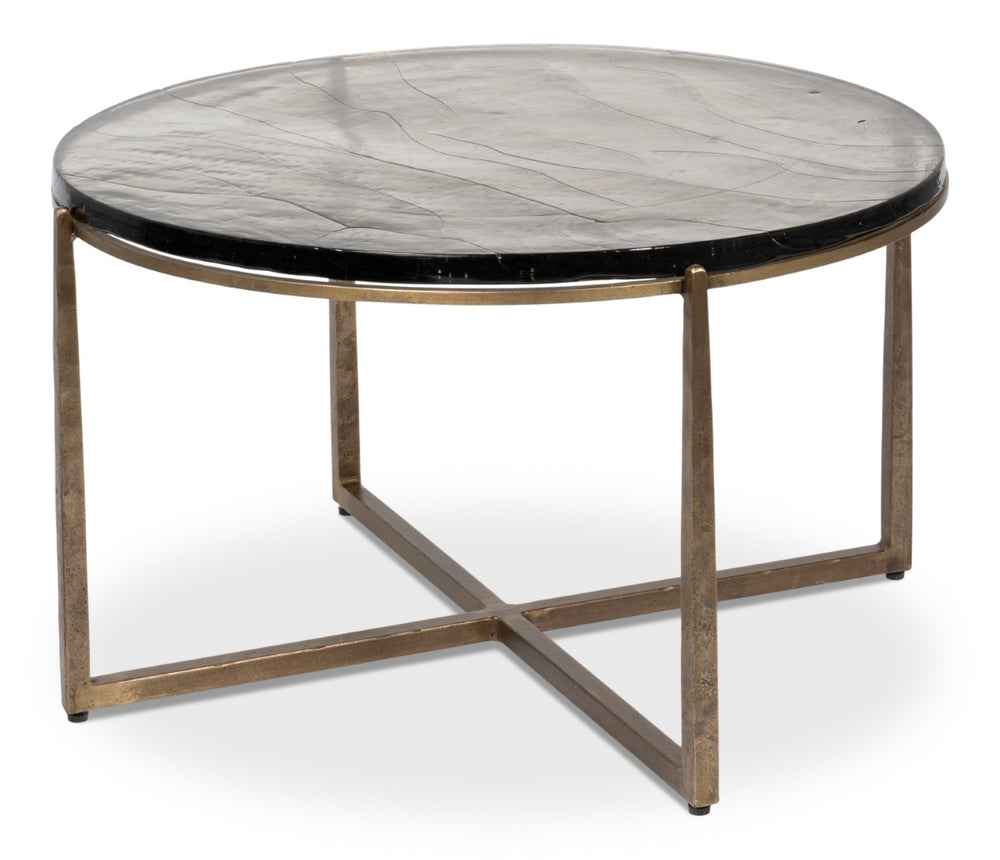 Sarreid Dorsey Round Coffee Table - Elegant Cast Glass Top With Chic Forged Iron Aged Brass Finish Design Bronze  53951