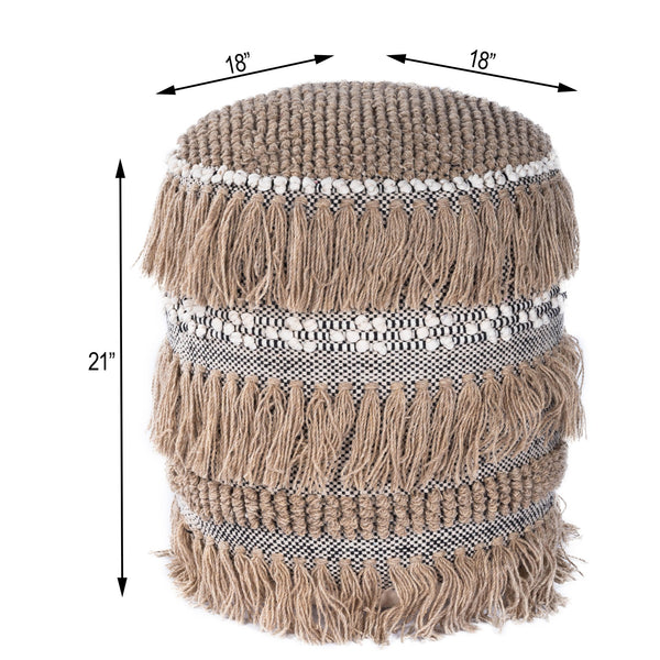 Butler Specialty Zoey Round Pouffe - Bohemian-style Tasseled Accent For Cozy Living Rooms, Bedrooms, Or Dorms Beige,Gray Cotton ,Wool Shell,Filling, Thermocol Beans 5395140-butler