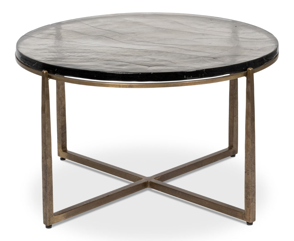 Sarreid Dorsey Round Coffee Table - Elegant Cast Glass Top With Chic Forged Iron Aged Brass Finish Design Bronze  53951