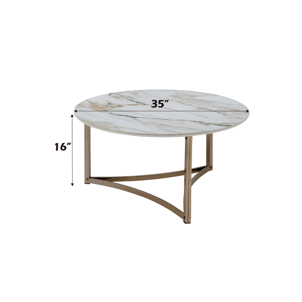 English Elm Aziz Round Sintered Stone Coffee Table with Champagne Metal Frame, Curved Crossbar Modern Centerpiece White 41 L x 39.25 W x 7.75 H B2726P245883