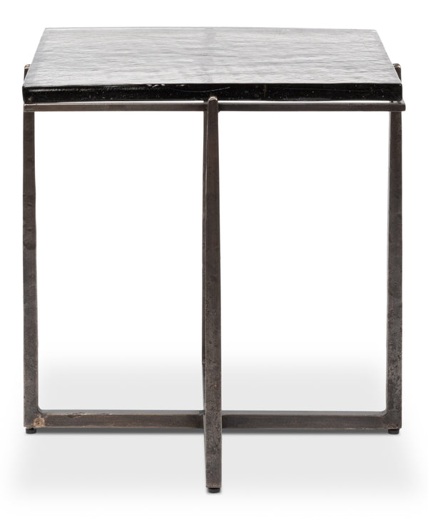 Sarreid Erik Square Side Table - Elegant Casted Glass Top With Forged Iron Base In Antique Nickel Finish Unknown  53953