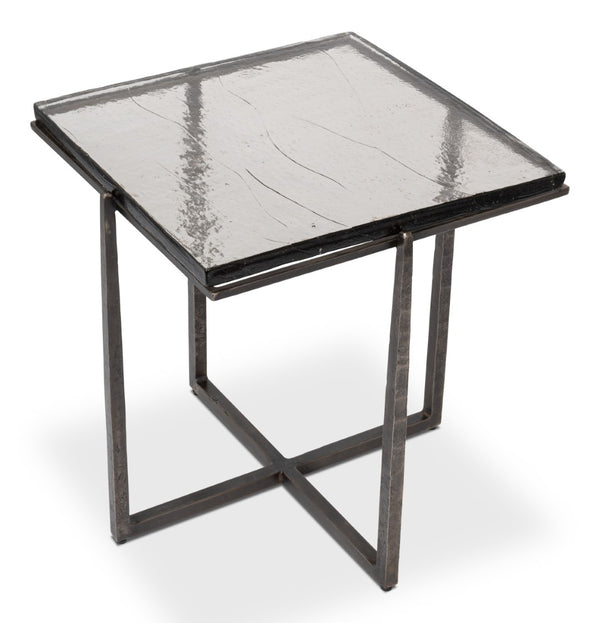 Sarreid Erik Square Side Table - Elegant Casted Glass Top With Forged Iron Base In Antique Nickel Finish Unknown  53953