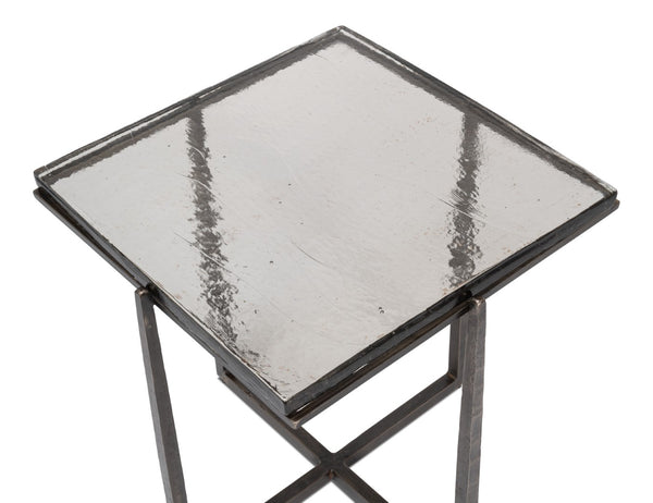 Sarreid Erik Square Side Table - Elegant Casted Glass Top With Forged Iron Base In Antique Nickel Finish Unknown  53953