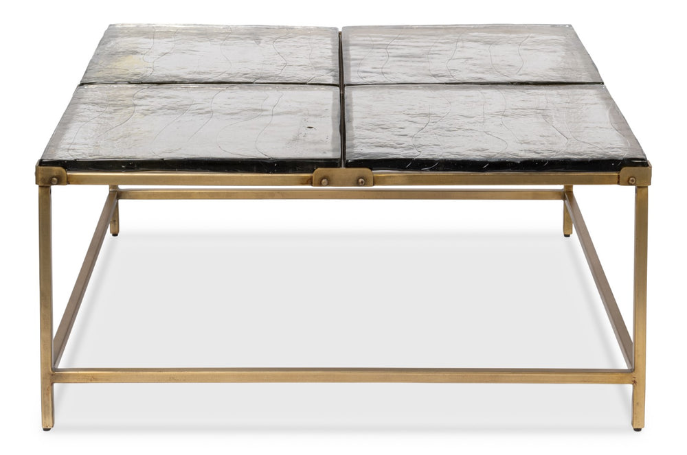 Sarreid Titus Coffee Table - Elegant Cast Glass Top With Forged Iron Base And Aged Brass Finish For Style Bronze  53956