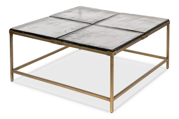 Sarreid Titus Coffee Table - Elegant Cast Glass Top With Forged Iron Base And Aged Brass Finish For Style Bronze  53956