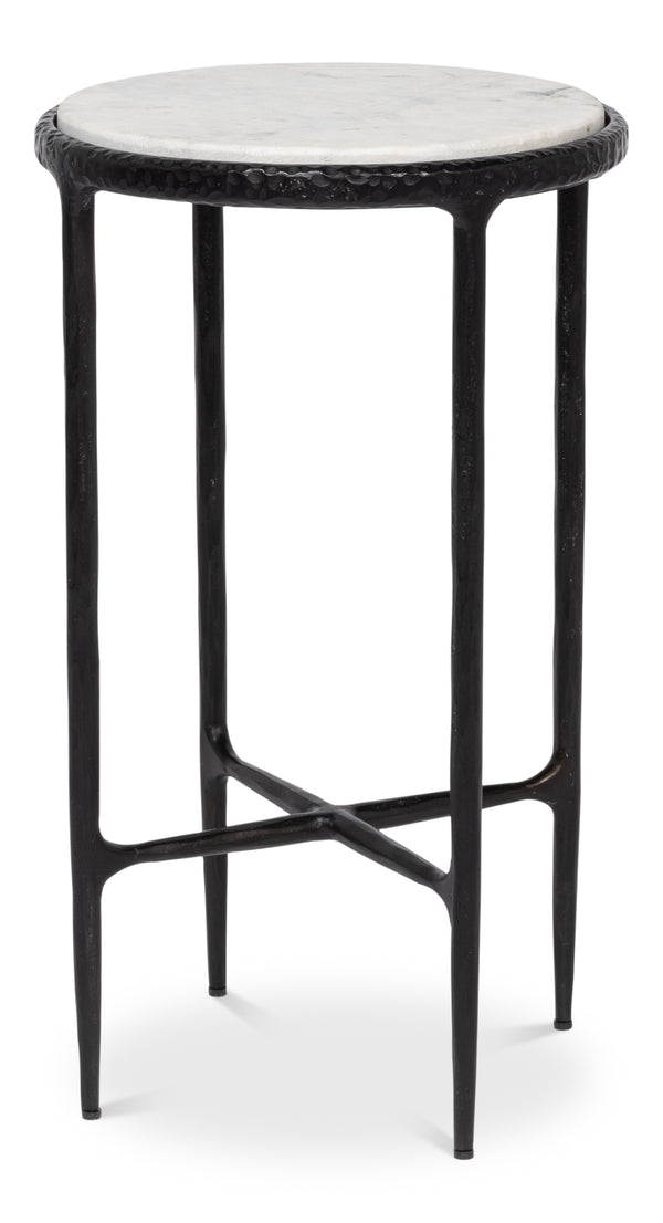 Sarreid Dakor Round Side Table - Elegant Distressed White Marble Top With Rustic Black Forged Iron Base Black  53959