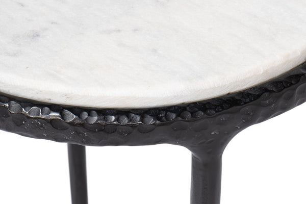 Sarreid Dakor Round Side Table - Elegant Distressed White Marble Top With Rustic Black Forged Iron Base Black  53959