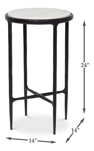 Sarreid Dakor Round Side Table - Elegant Distressed White Marble Top With Rustic Black Forged Iron Base Black  53959