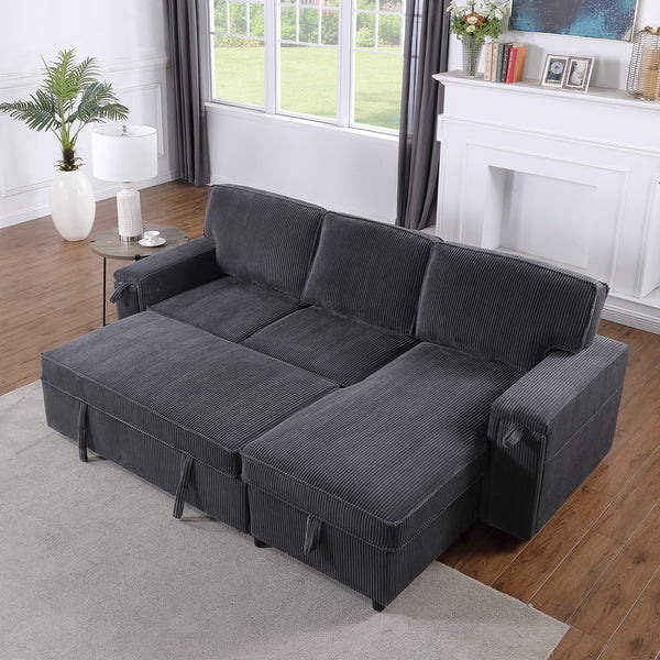 English Elm U_STYLE Chenille Upholstery Sleeper Sectional Sofa with Pull-Out Bed, Chaise Storage & Comfort Gray W1099S00168