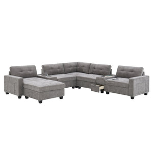 English Elm [new U-shaped Chenille Sectional Six Seat Tufted Couch with Usb Charging Storage Gray N723S1191E