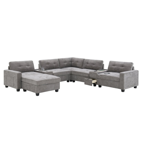 English Elm [new U-shaped Chenille Sectional Six Seat Tufted Couch with Usb Charging Storage Gray N723S1191E