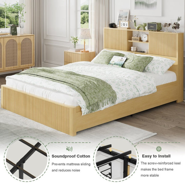 English Elm Queen Storage Bed Oak Finish Sliding Barn Door Headboard with Built-in Charging T3773P417190