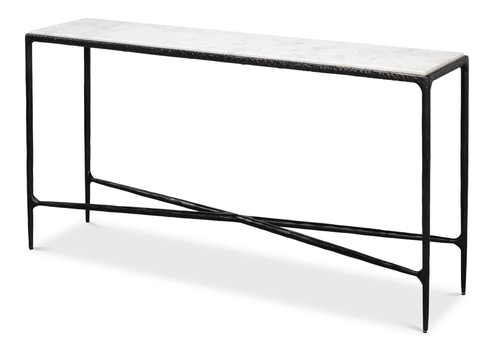 Sarreid Dakor Console Table - Elegant Distressed White Marble Top With Rustic Black Forged Iron Base Design Black  53962