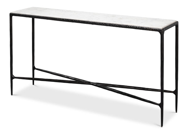 Sarreid Dakor Console Table - Elegant Distressed White Marble Top With Rustic Black Forged Iron Base Design Black  53962
