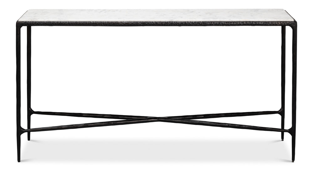 Sarreid Dakor Console Table - Elegant Distressed White Marble Top With Rustic Black Forged Iron Base Design Black  53962